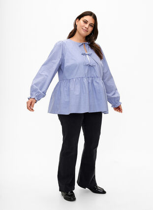 Gestreepte katoenen blouse met strik detail, Baja Blue Stripe, Model image number 4