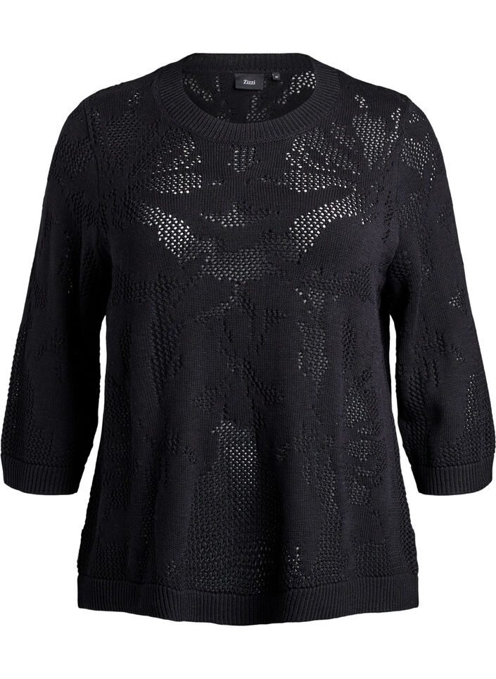 Gebreide blouse met een opengewerkt patroon en 3/4 mouwen, Black, Packshot image number 0