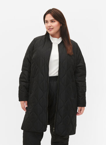 Lange gevoerde jas met zakken en rits, Black, Model image number 0