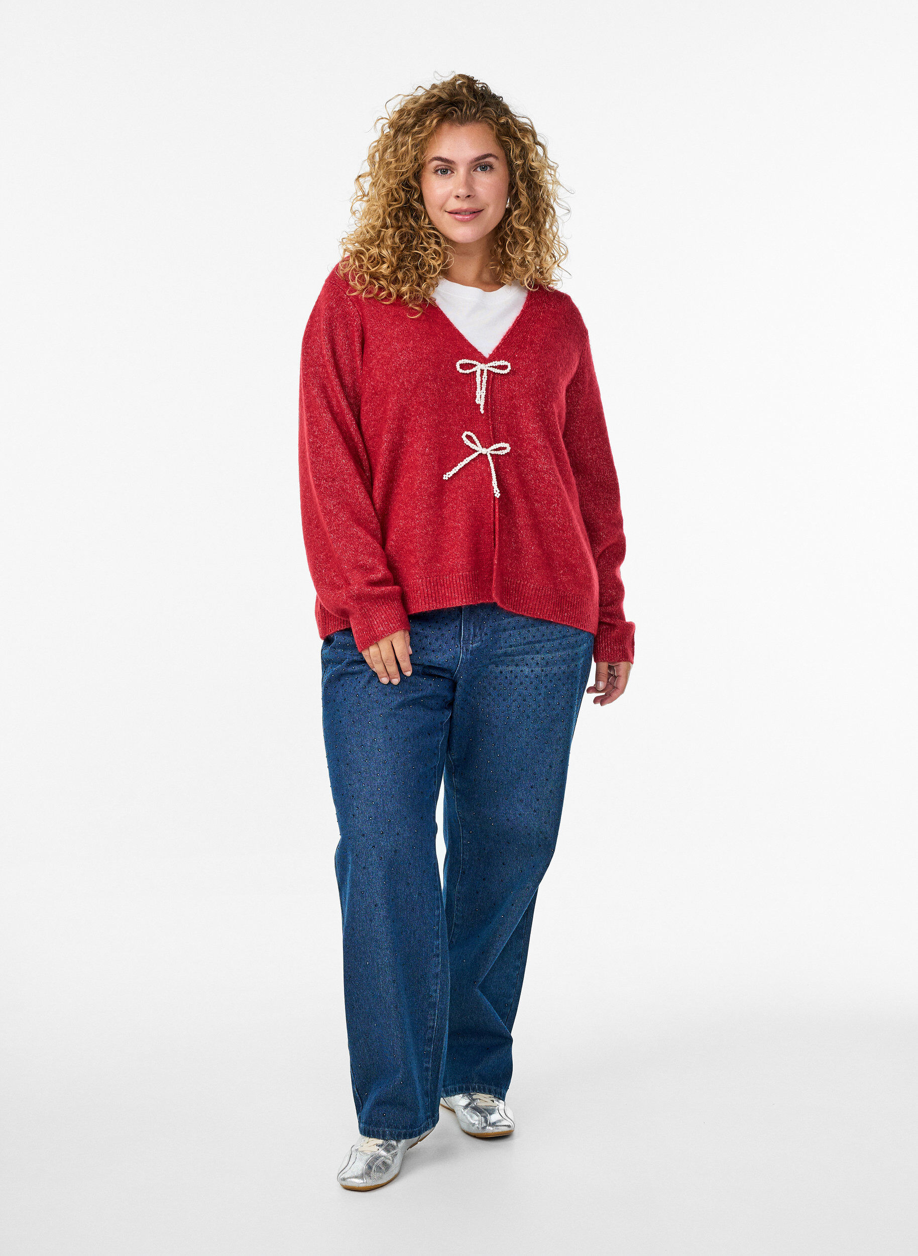 Zizzi Gebreide cardigan met parelknopen, Rood, Model image number 1