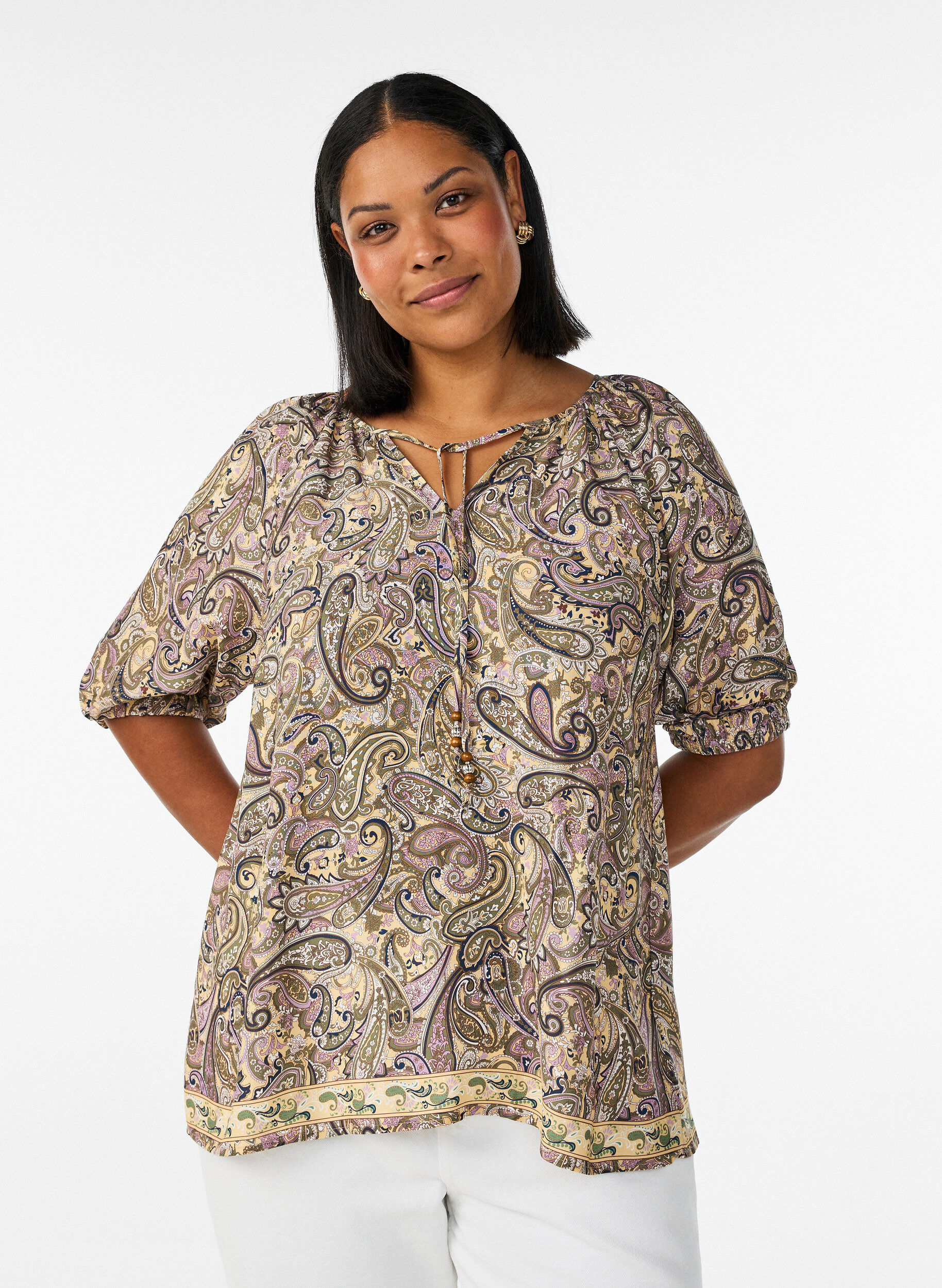ZizziViscose blouse met paisleyprint en strikkoord, Geel, Model image number 0