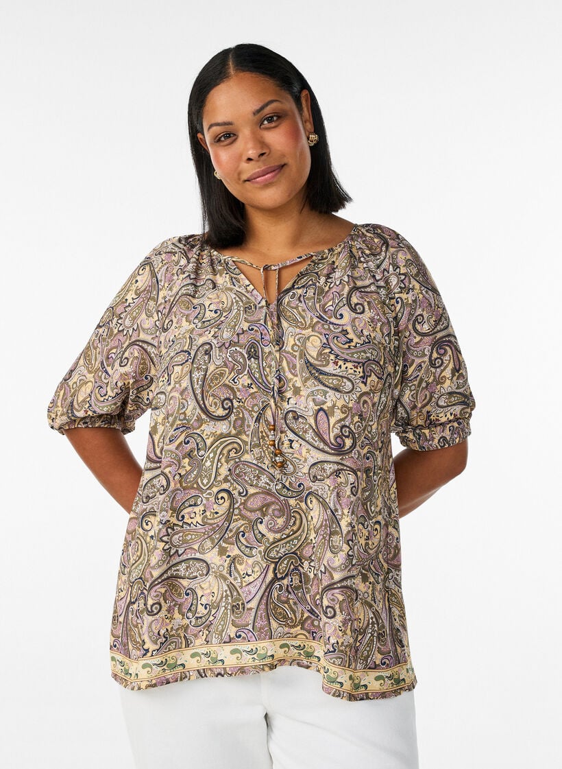 Viscose blouse met paisleyprint en strikkoord, Geel, Model image number 0