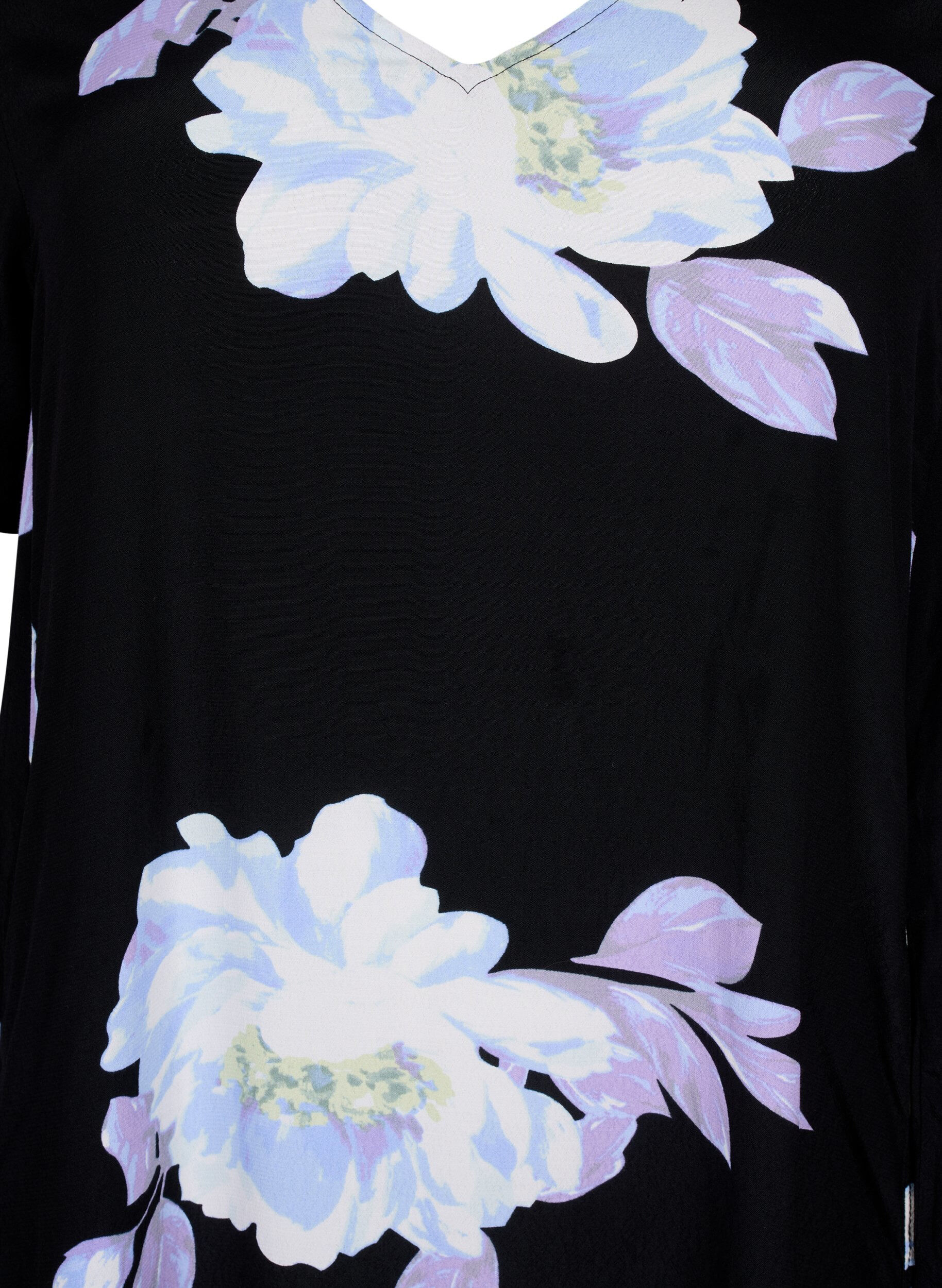 Zizzi Jurk in viscose met bloemenprint en korte mouwen, Black Big Flower AOP, Packshot image number 2