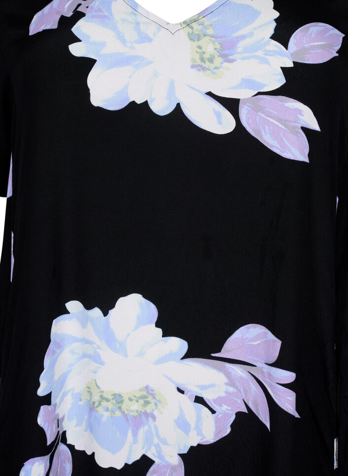 Jurk in viscose met bloemenprint en korte mouwen, Black Big Flower AOP, Packshot image number 2