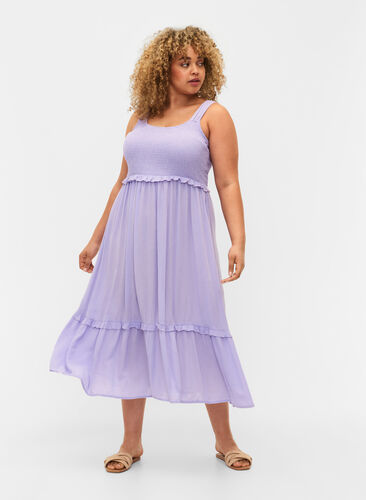 Viscose midi-jurk met smok, Lavender, Model image number 0