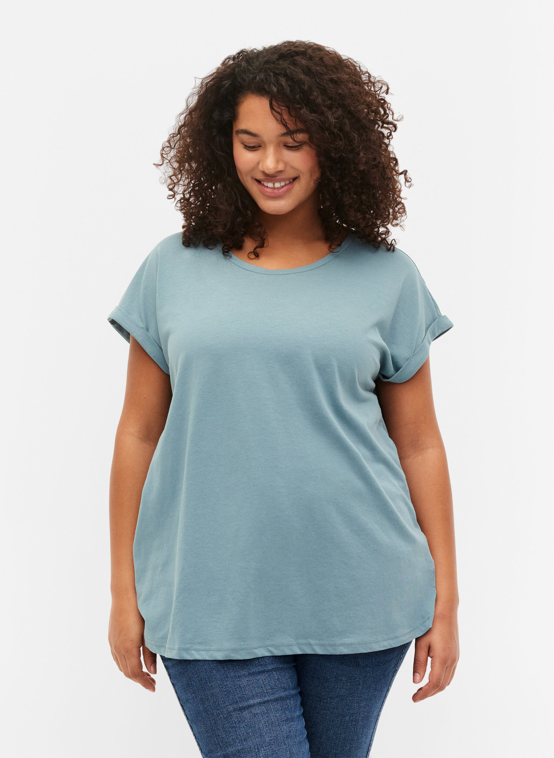 Zizzi T-shirt met korte mouwen van katoenmix, Blauw, Model image number 0