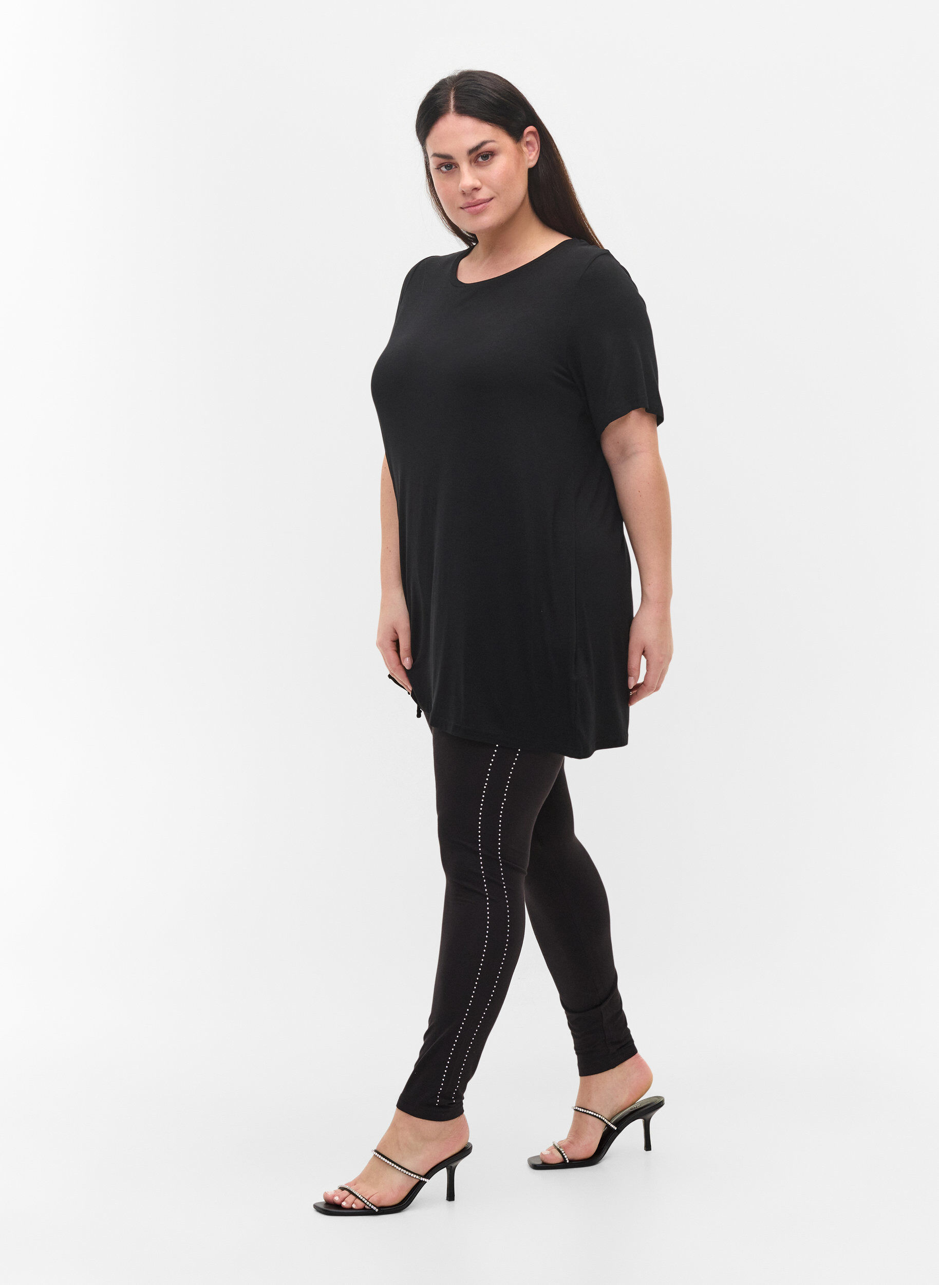 Zizzi Viscose legging met steentjes in de zijkant, Black, Model image number 0