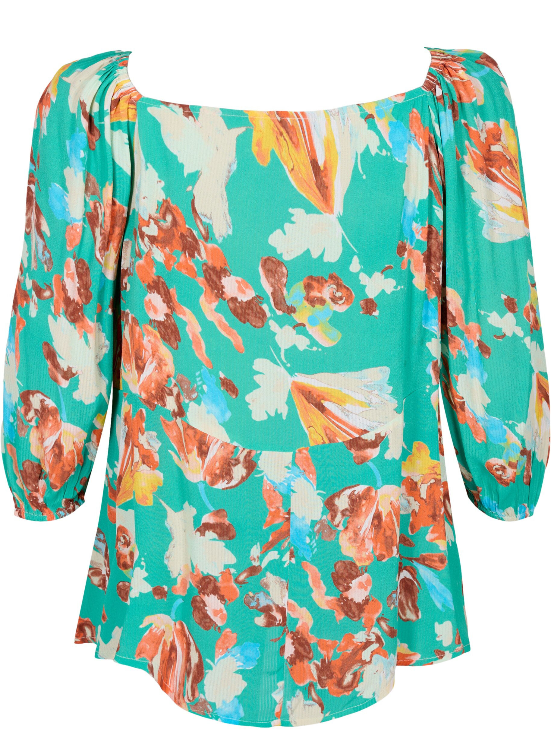 Zizzi Bedrukte viscose blouse met 3/4 mouwen, Groen, Packshot image number 1