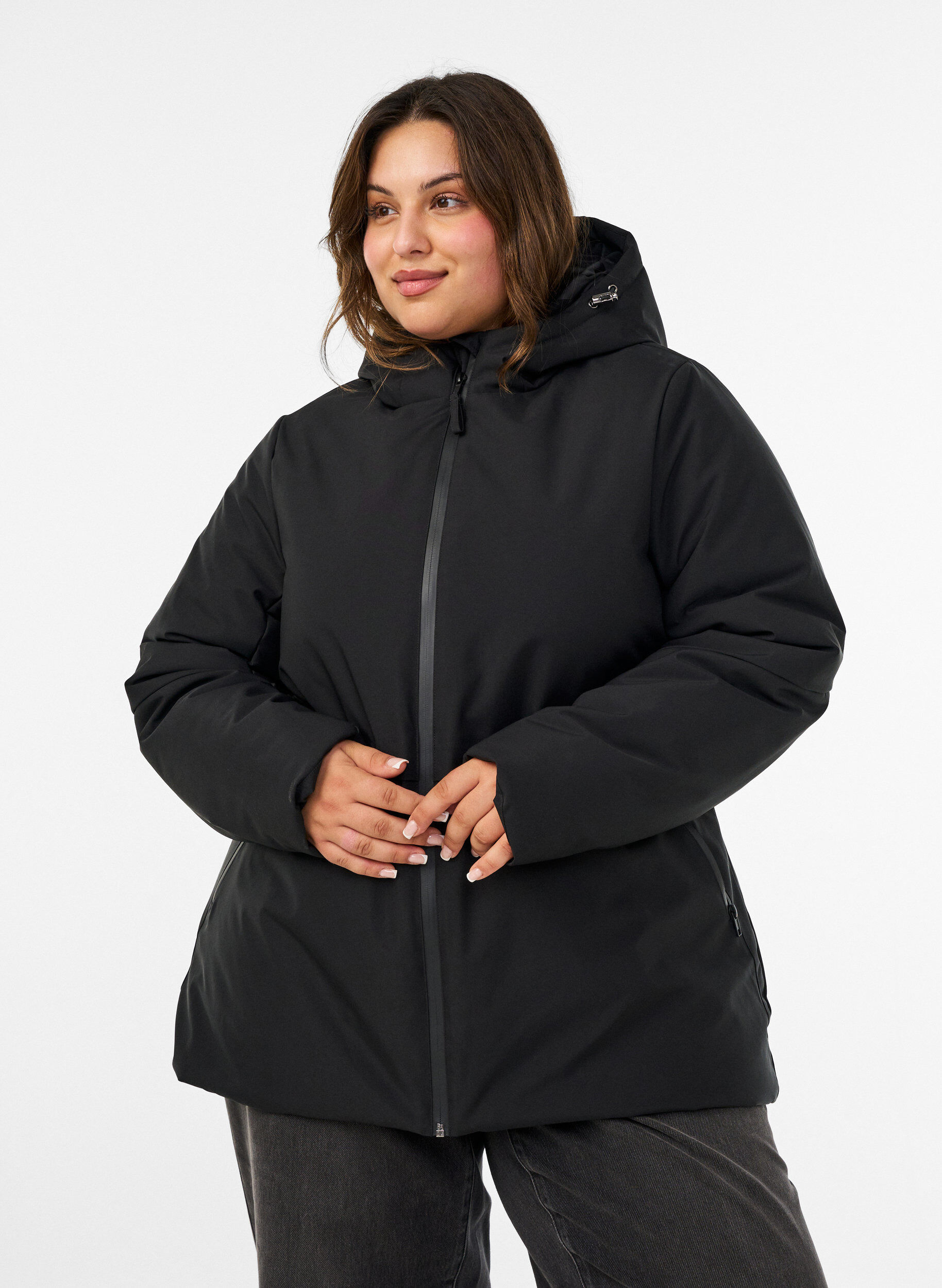 ZizziWinterjas met capuchon en verstelbare taille, Zwart, Model image number 0
