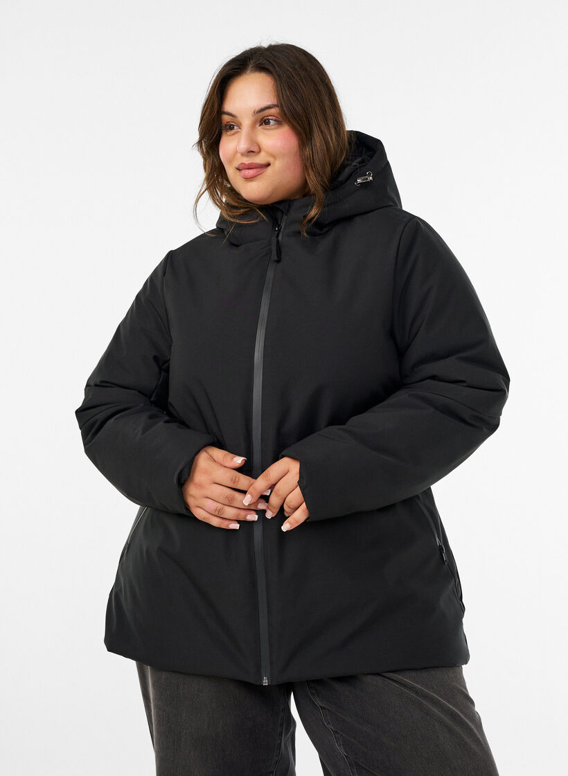 Winterjas met capuchon en verstelbare taille, Zwart, Model image number 0