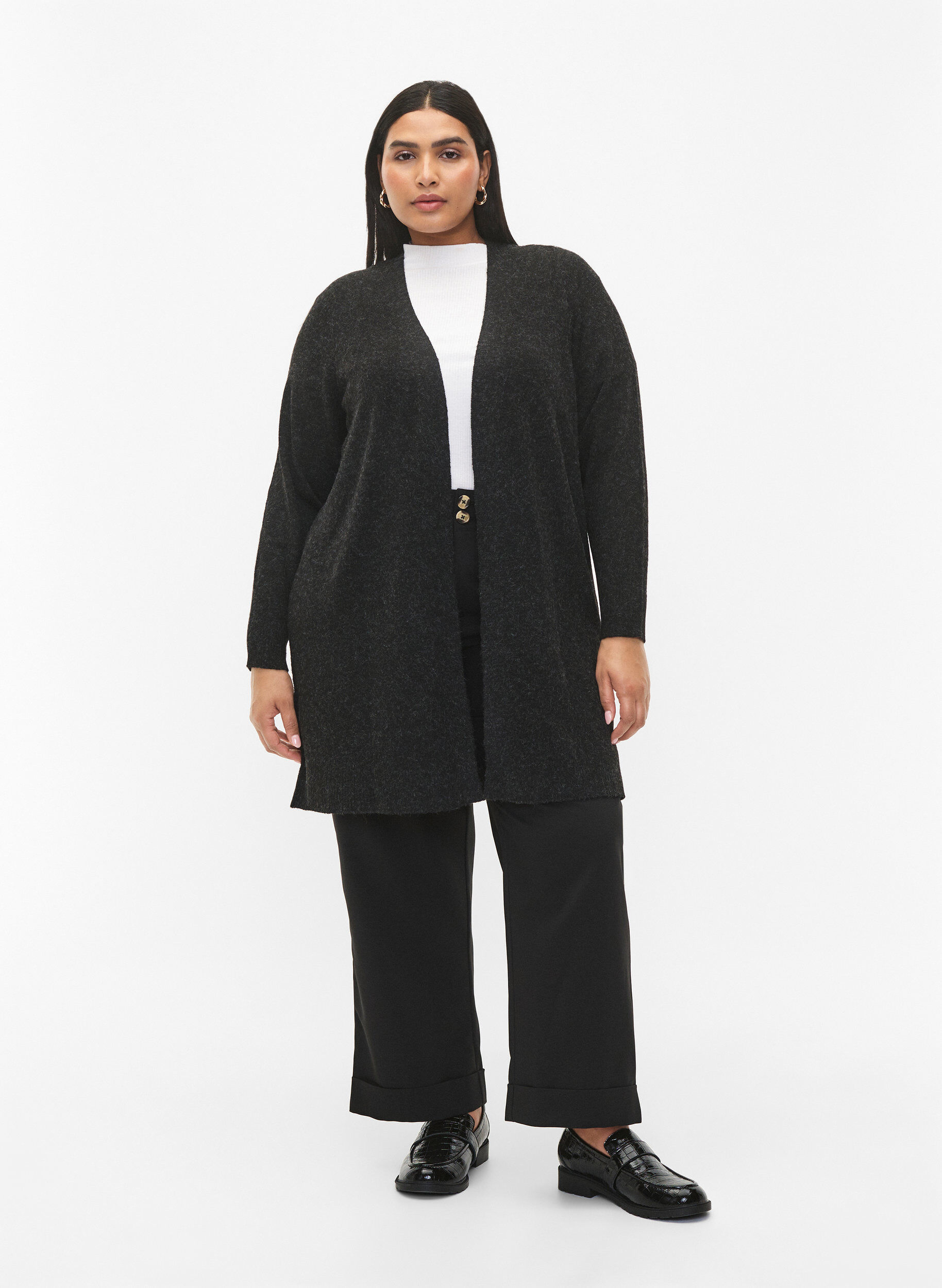 Zizzi Lang vest met open voorzijde, Dark Grey Melange, Model image number 2