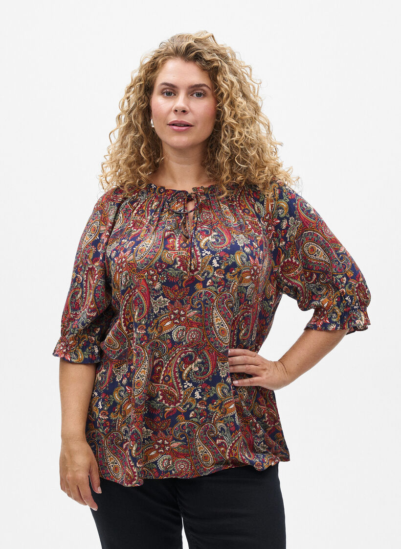 Blouse van viscose met paisley print en mouwen tot de elleboog, Blauw, Model image number 0