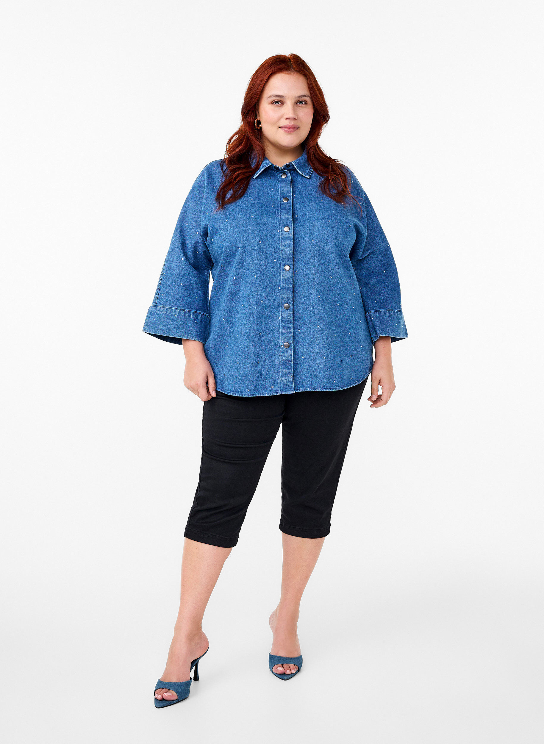 Zizzi Denim shirt met strassteentjes en driekwartmouwen, Bl. Denim Rhinestone, Model image number 2
