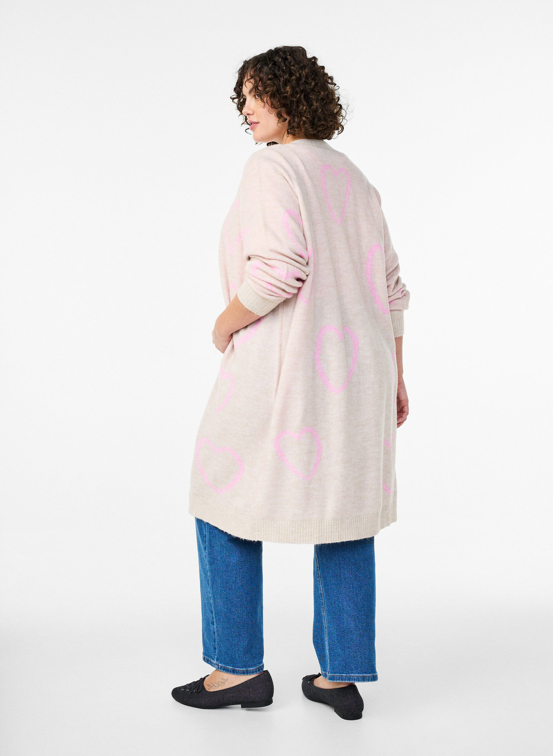 Zizzi Lange cardigan met ton-sur-ton harten, Beige, Model image number 2