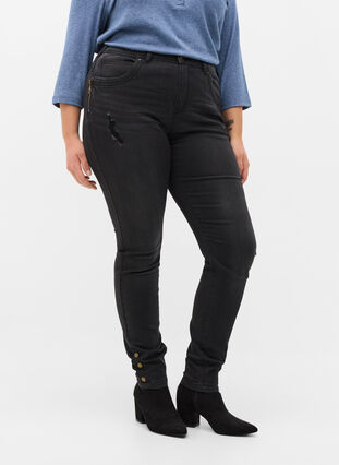 Super slim Amy jeans met split en knopen, Grey Denim, Model image number 2