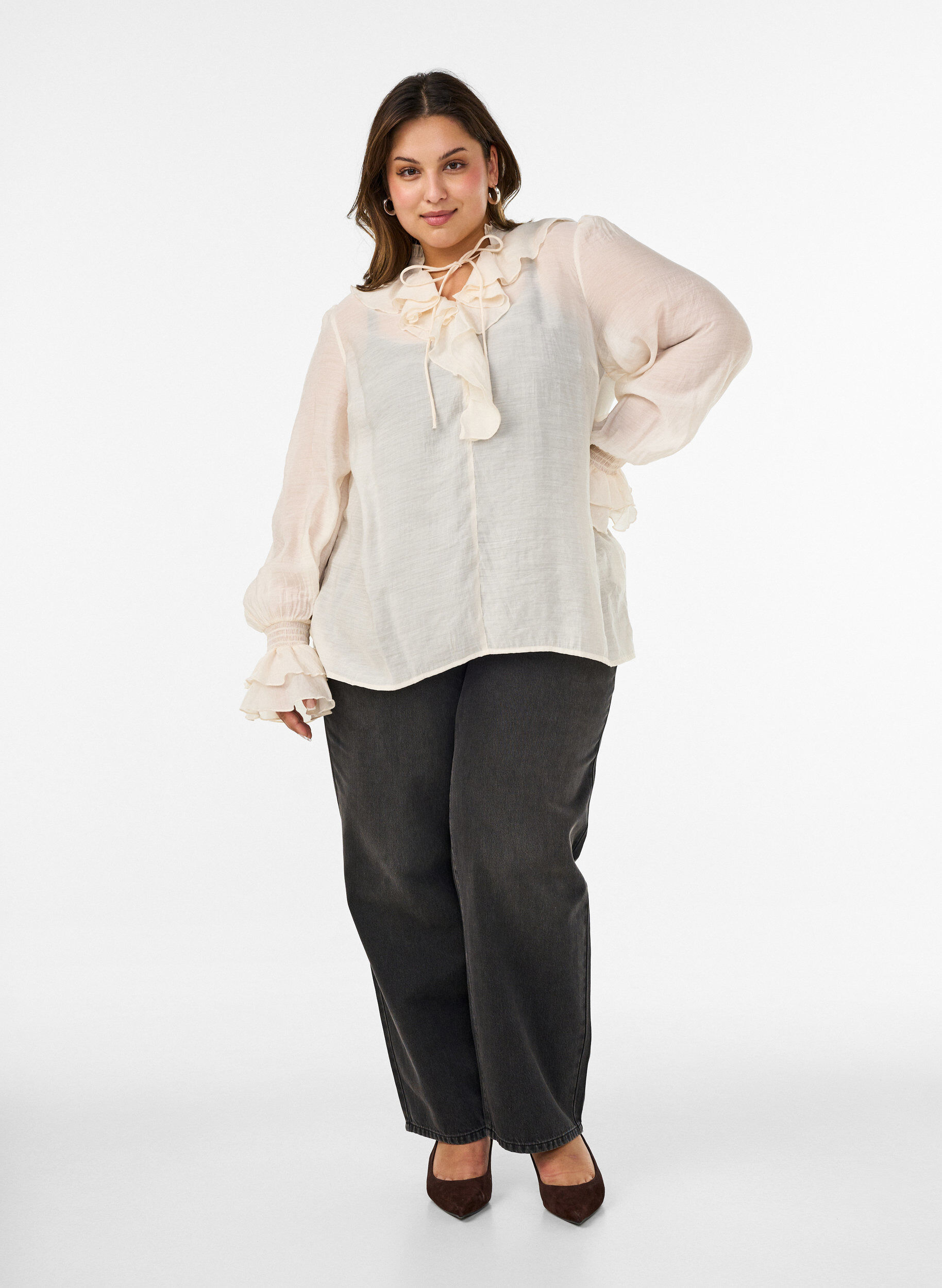 ZizziViscose blouse met ruches en lange mouwen, Vanille, Model image number 1