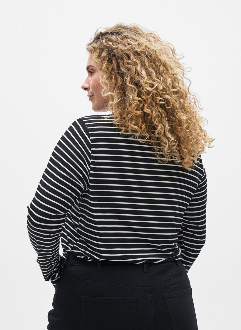 Gestreepte blouse met lange mouwen, Zwart, Model image number 2
