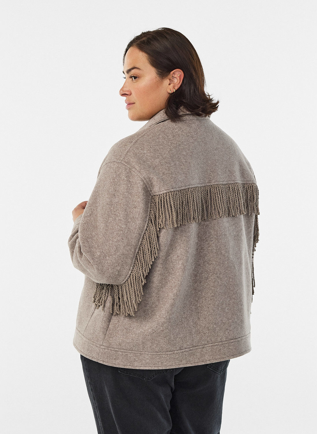 Zizzi Korte shirtjas met franjes, Beige, Model image number 2