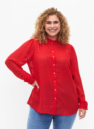 Shirtblouse met ruches en gedessineerde textuur, Tango Red, Model image number 0