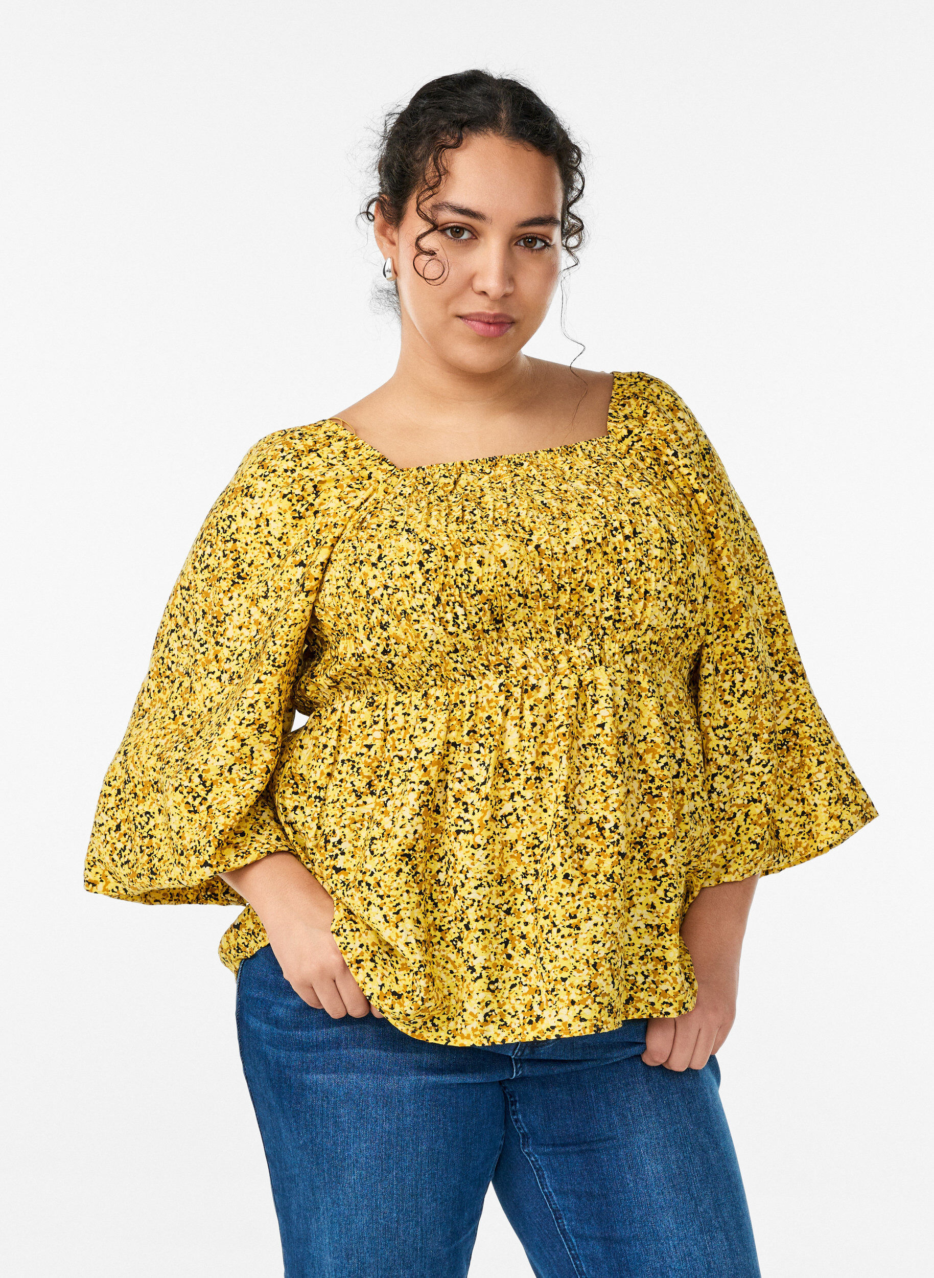 Blouse met smock en vierkante halslijn, Geel, Model