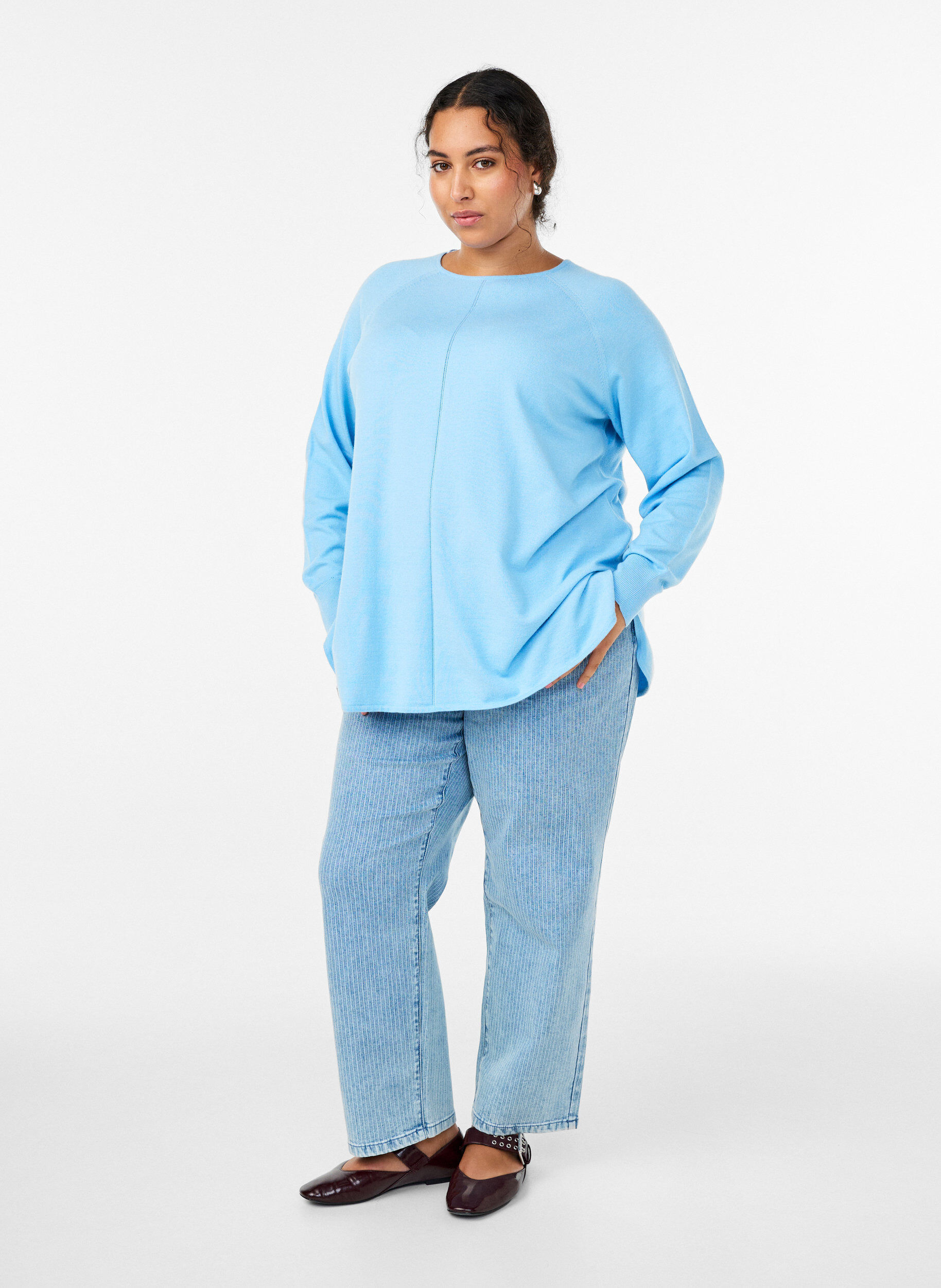 ZizziGebreide blouse met ronde hals en gebreid patroon, Blauw, Model image number 1