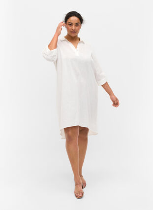Gestreepte jurk gemaakt van katoen en linnen, White, Model image number 2