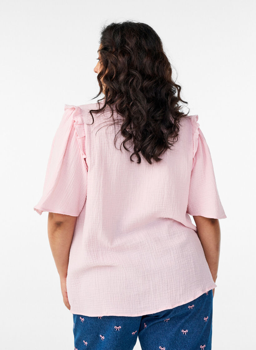 Blouse in katoen mousseline met broderie anglaise en 1/2 mouwen, Roze, Model image number 2