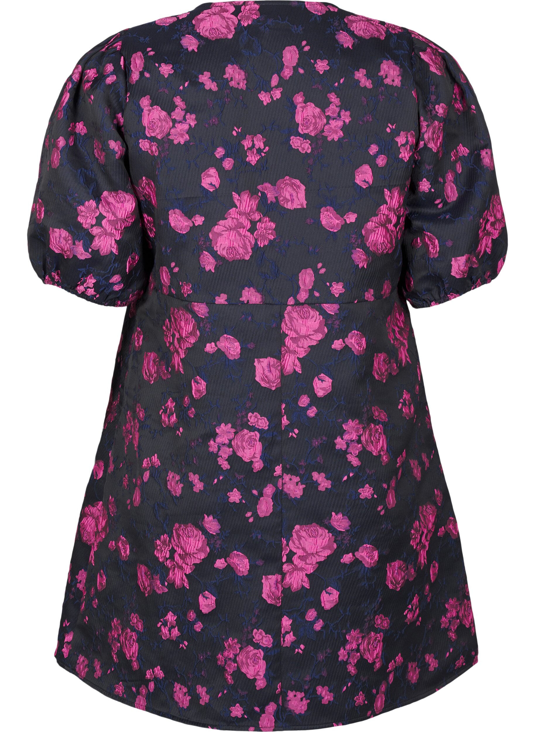 Zizzi Korte jacquard wikkeljurk, Black w. Red Rose, Packshot image number 1