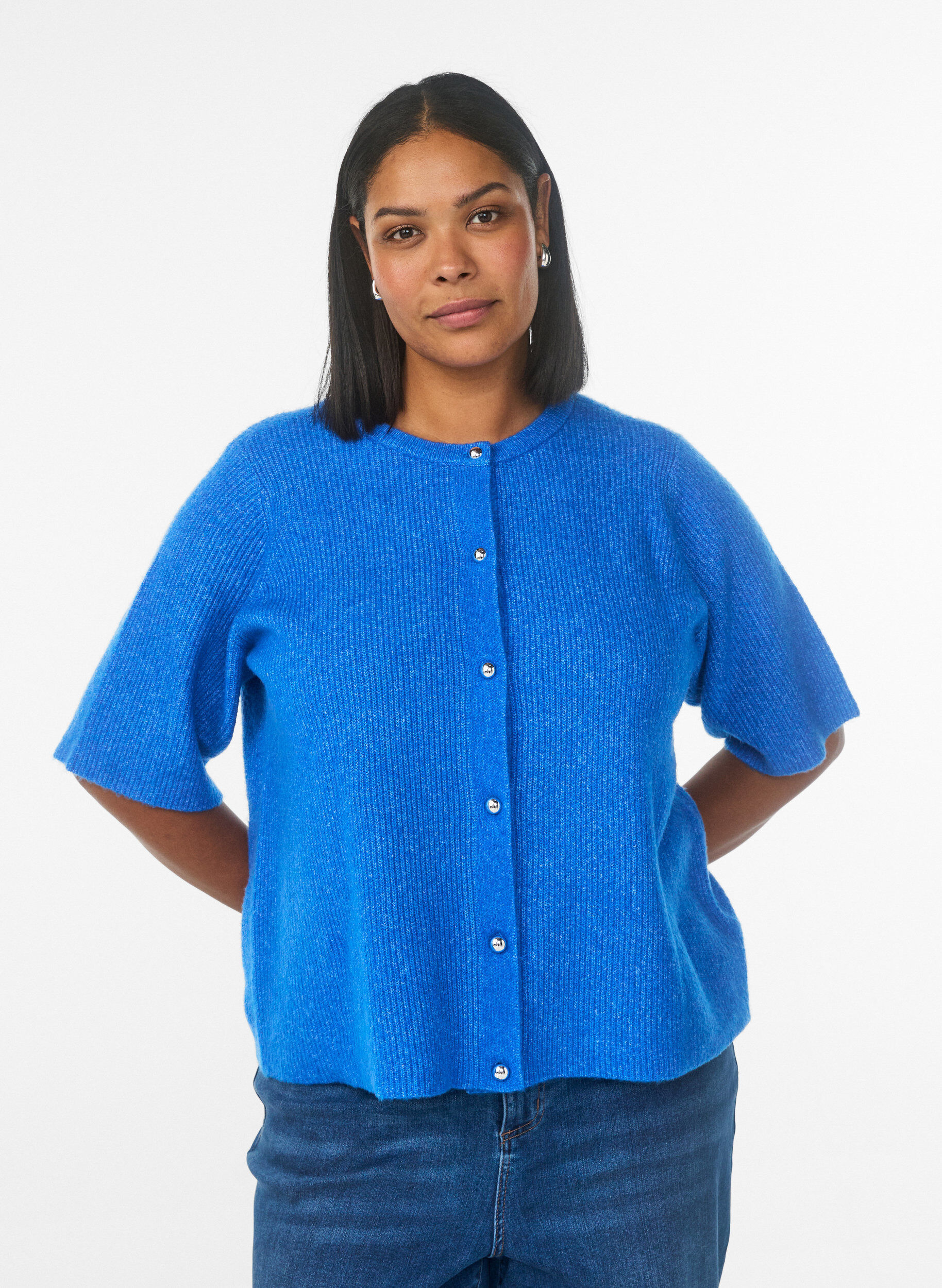 Zizzi Gebreid vest met korte mouwen en glanzende knoopjes, Blauw, Model image number 0