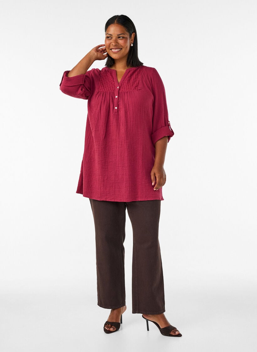 Katoenen mousseline tuniek met broderie anglaise, Rood, Model image number 1