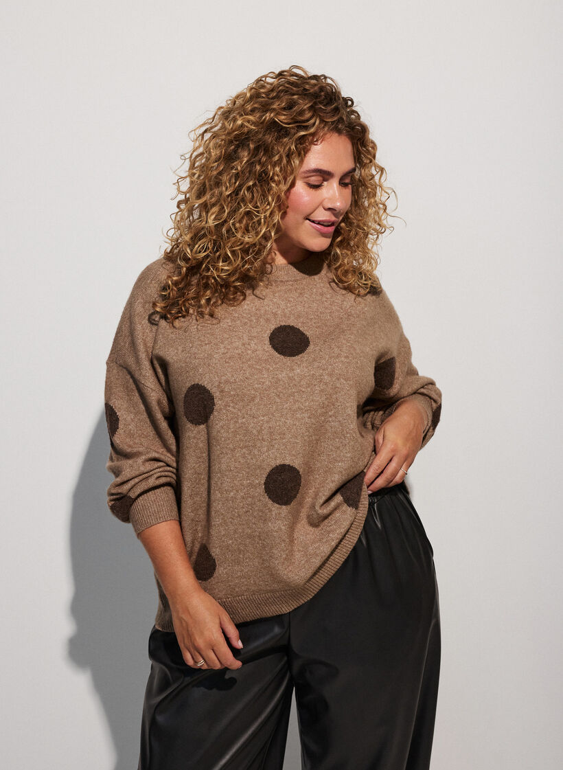 Gebreide blouse met een stippenpatroon, Bruin, Model image number 0
