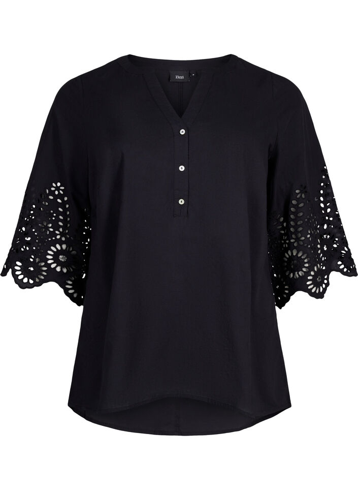 Shirt blouse met broderie anglaise en 3/4-mouwen, Black, Packshot image number 0