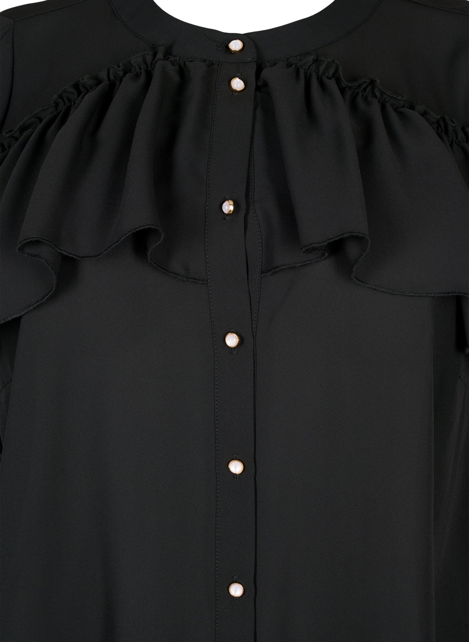 Zizzi Ruche blouse met parelknopen, Black, Packshot image number 2