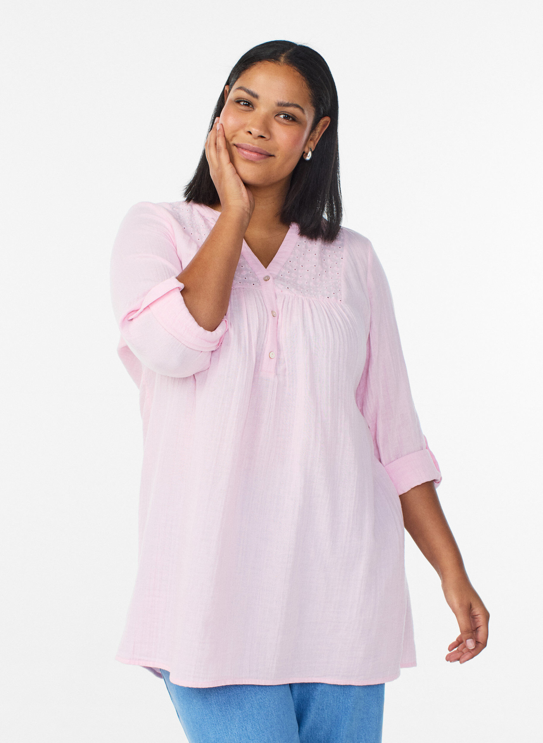 Katoenen mousseline tuniek met broderie anglaise, Roze, Model