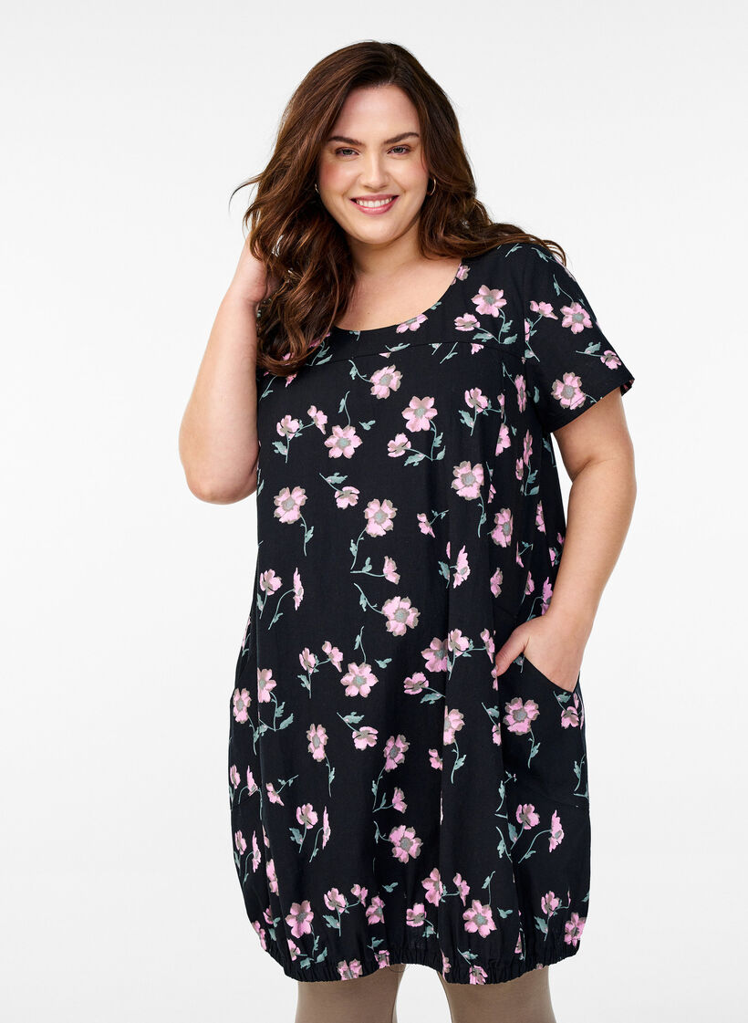 Katoenen jurk met korte mouwen en print, Zwart, Model image number 0