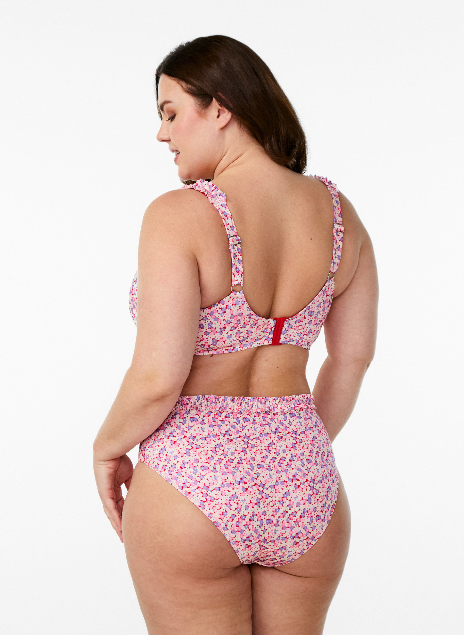 Zizzi Gestreepte tai bikinibroek met gerimpelde rand, Roze, Model image number 1
