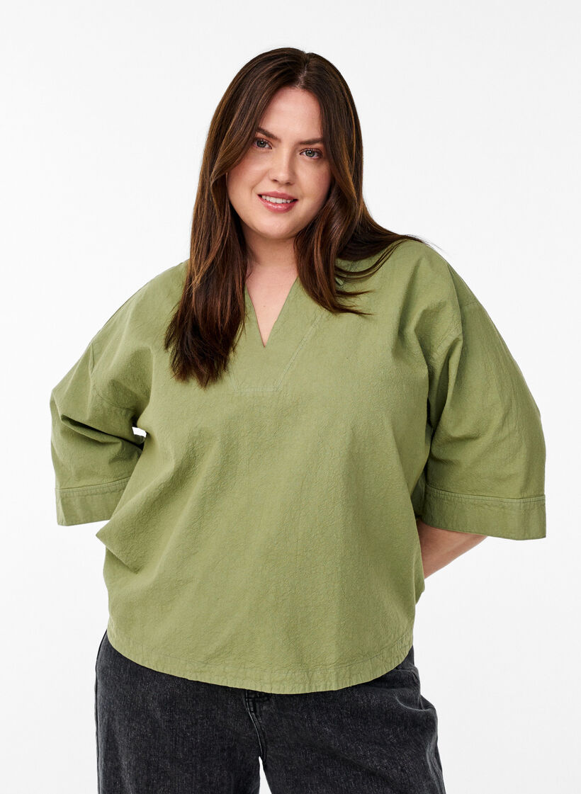Losse blouse met kraag en 1/2 mouwen, Groen, Model image number 0