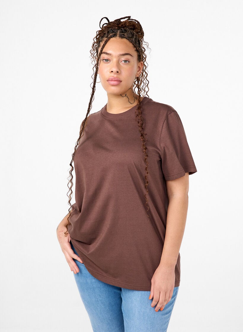 Basic katoenen T-shirt met ronde hals, Bruin, Model image number 0