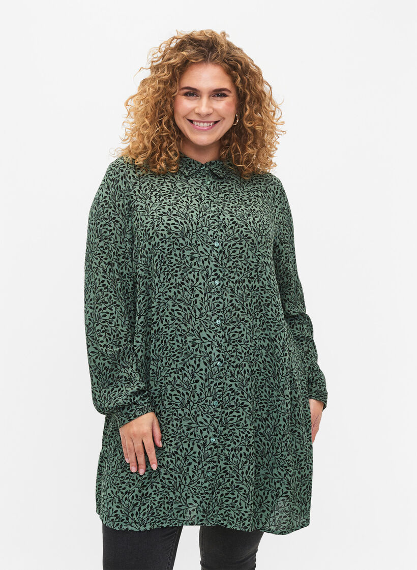 Lang viscose shirt met print, Green AOP, Model image number 0