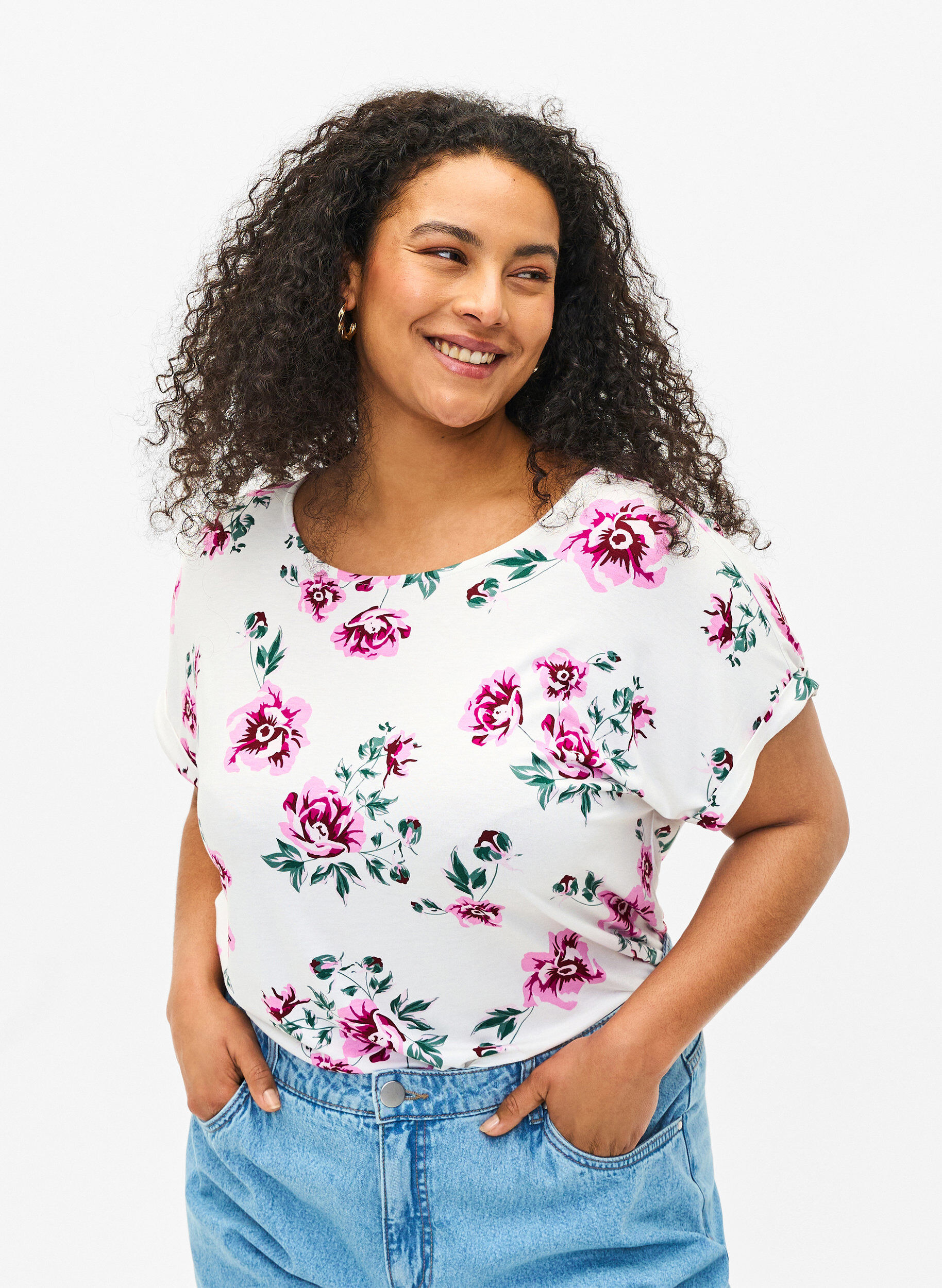 Zizzi Viscose blouse met korte mouwen en bloemen, White Pink AOP, Model image number 0
