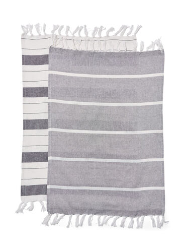 2-pack gestreepte handdoek met franjes, 2-Pack Grey, Packshot image number 1