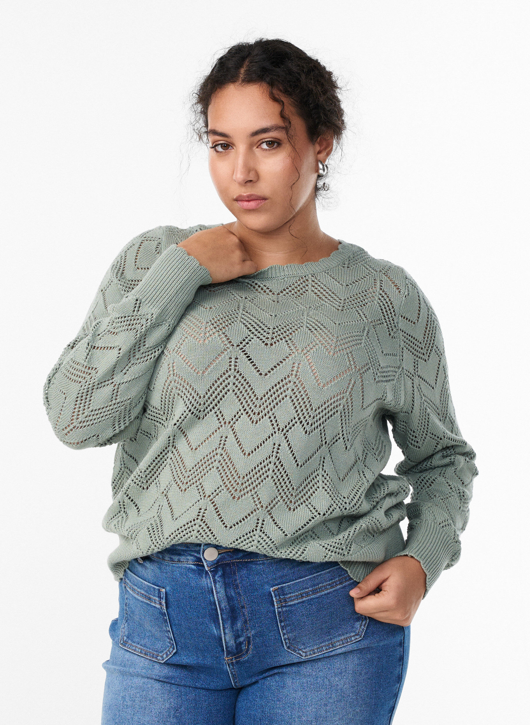 Gebreide blouse met patroon, golvende rand en ronde hals, Groen, Model