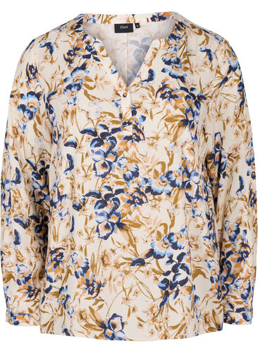 100% viscose blouse met bloemenprint, Ecru Flower, Packshot image number 0