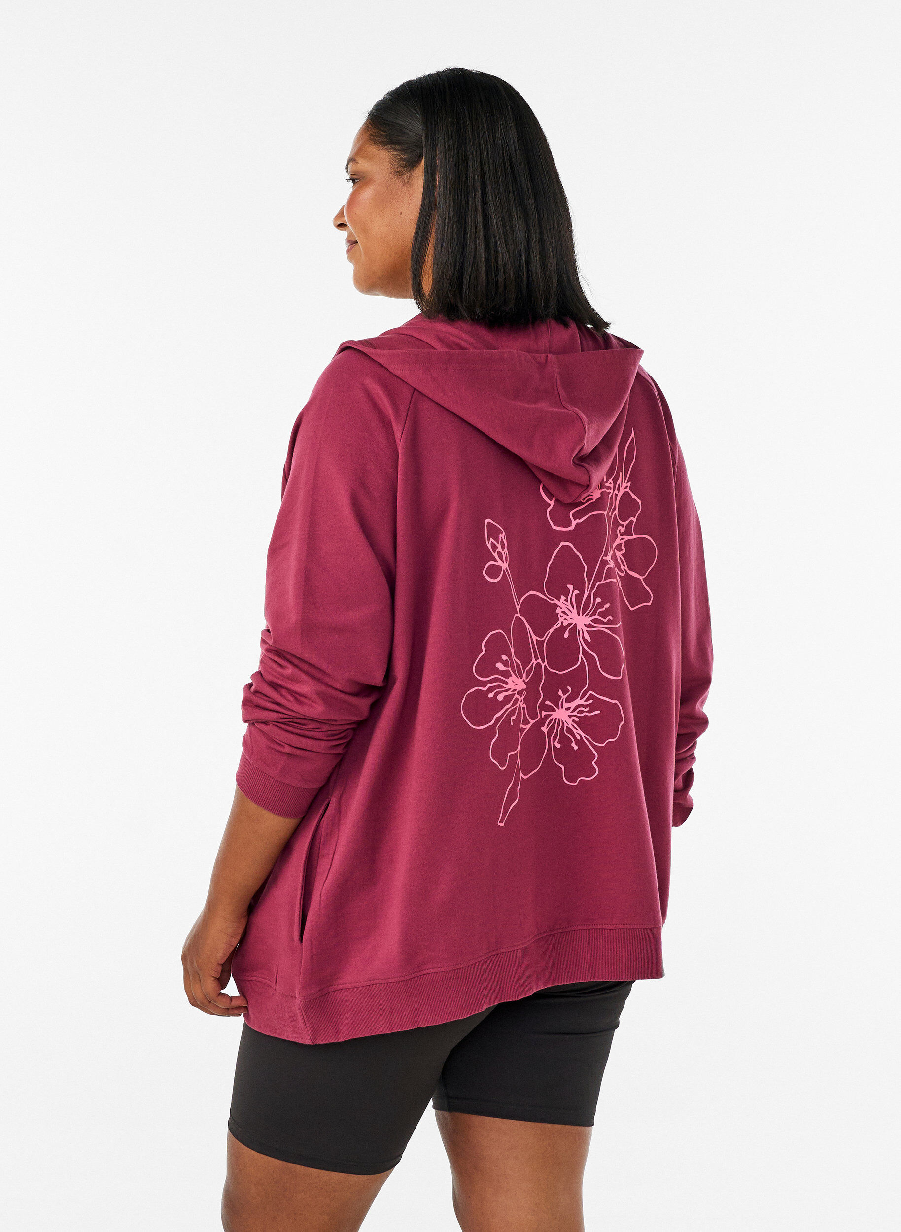 ZizziHoodie met ritssluiting en achterkant print, Rood, Model image number 2