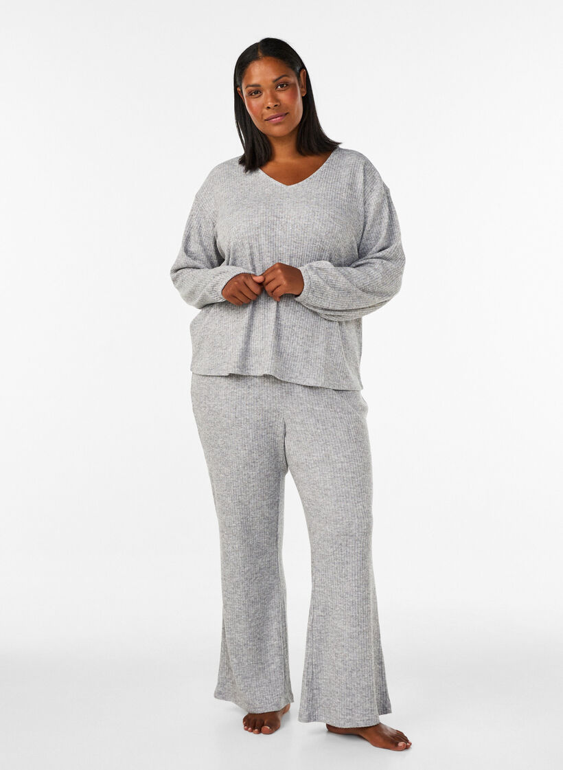 Jerseybroek met geribde textuur en flared pijpen, Grijs, Model image number 0