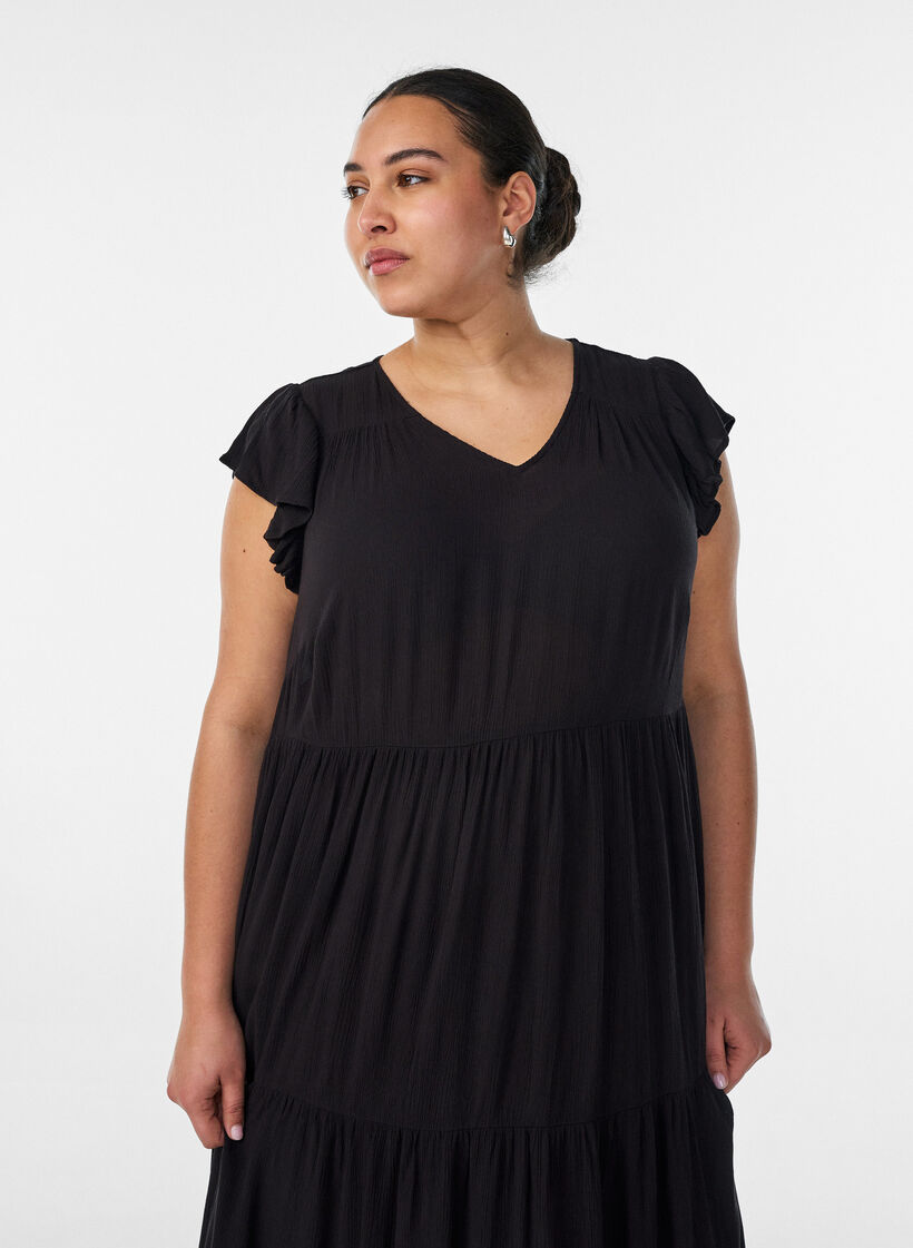 Midi jurk van viscose met ruches mouwen, Zwart, Model image number 2