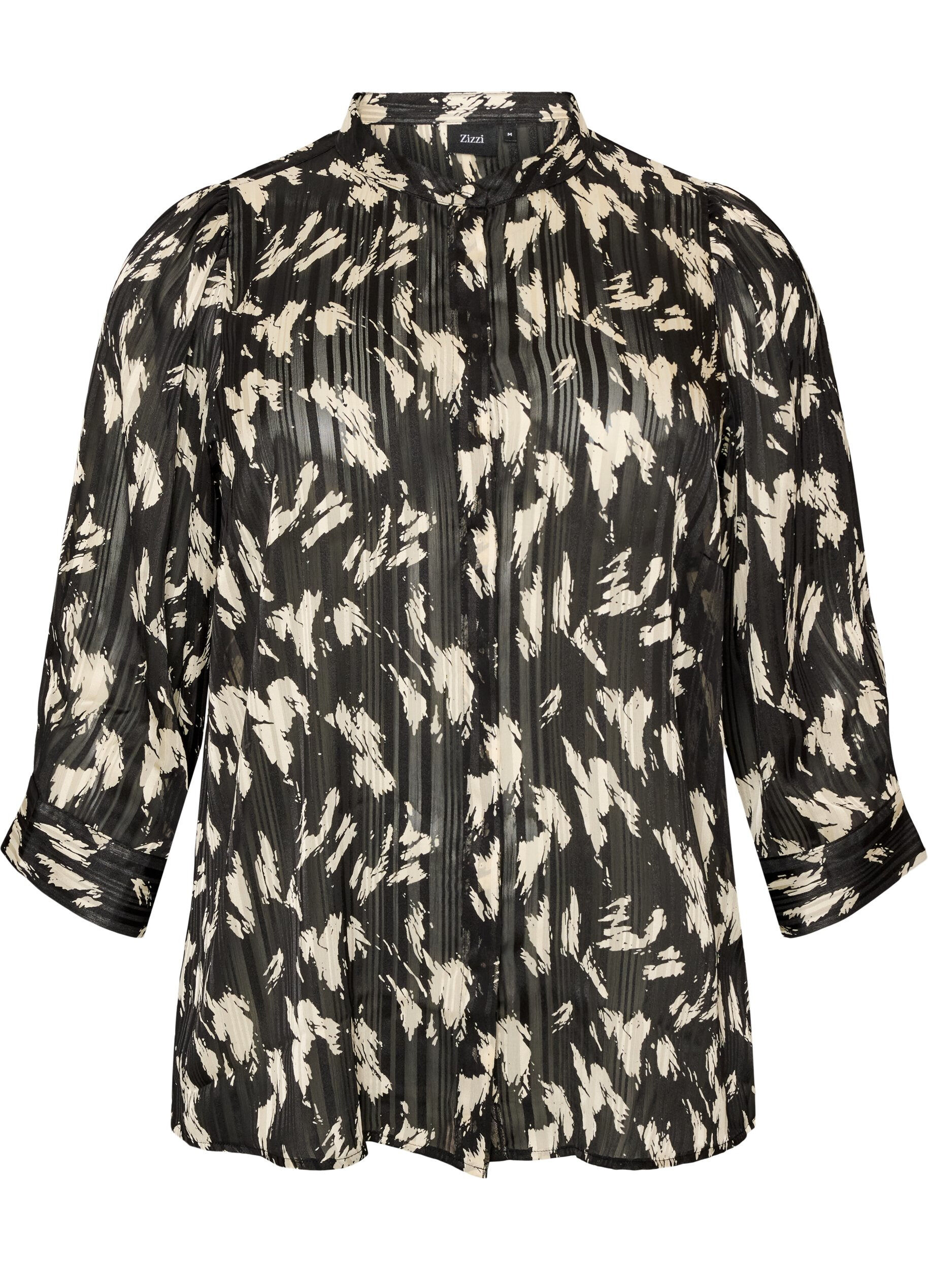 ZizziBlouse met patroon, opstaande kraag en 3/4-mouwen, Zwart, Packshot image number 0