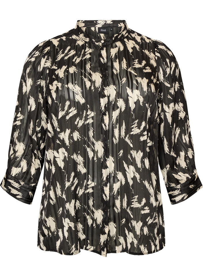 Blouse met patroon, opstaande kraag en 3/4-mouwen, Zwart, Packshot image number 0