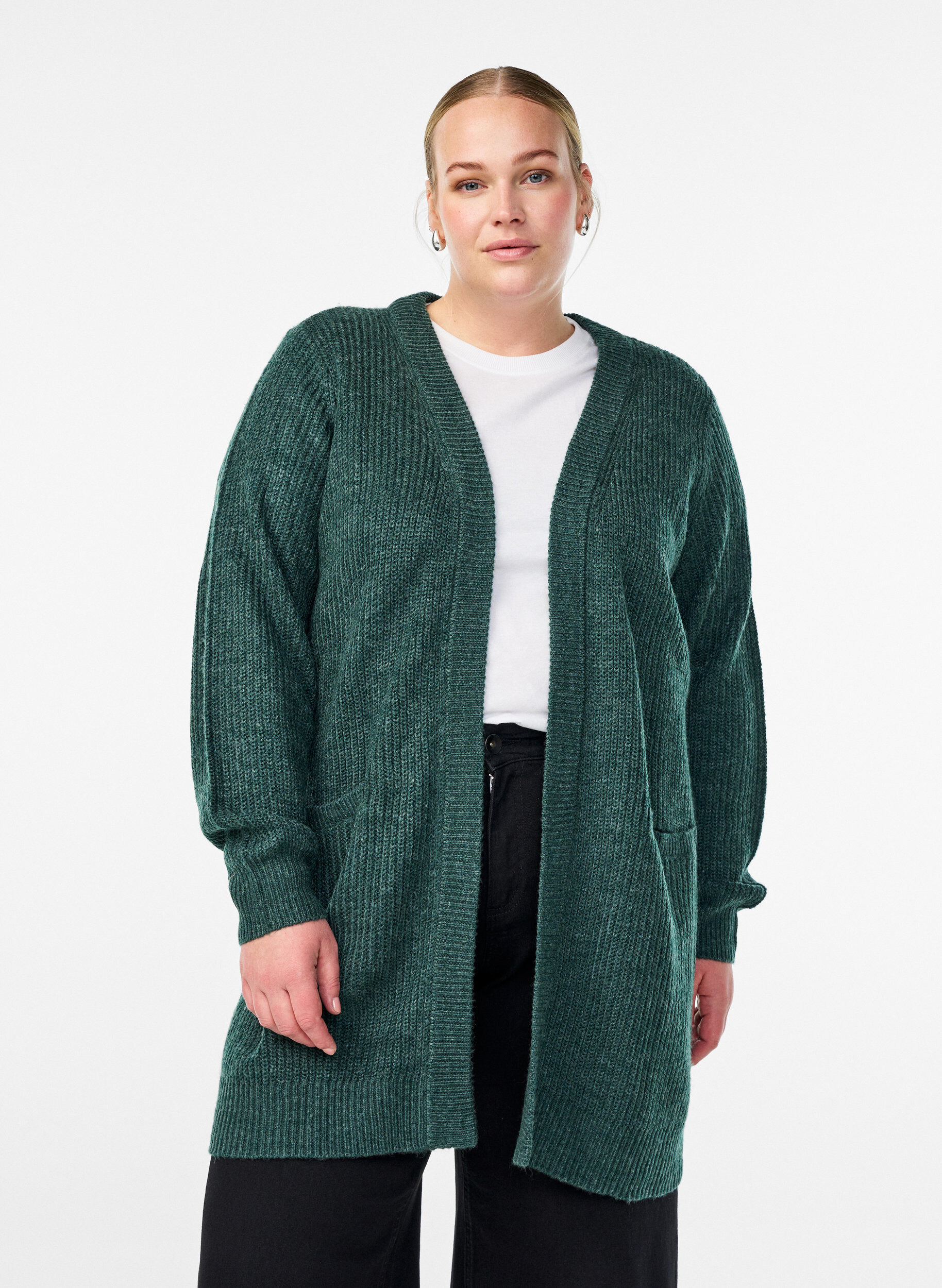 Zizzi FLASH - Lange ribgebreide vest met zakken, Groen, Model image number 0