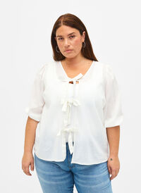 Katoenen blouse met 3/4 mouwen in een katoenmix met linnen, Bright White, Model